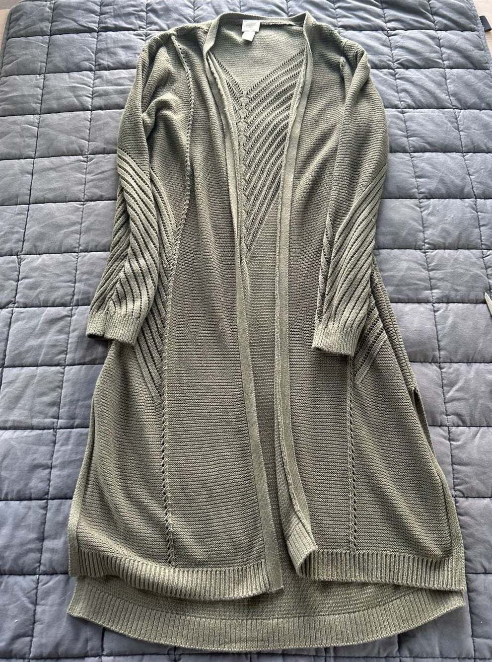 Chico's Olive Green Open Front Longline Cardigan Sweater Size 2